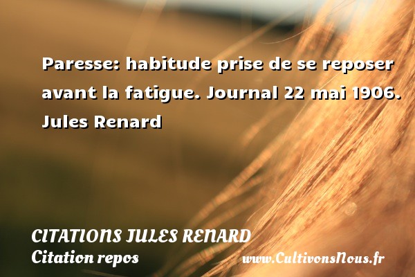 Paresse: habitude prise de se reposer avant la fatigue.  Journal 22 mai 1906. Jules Renard CITATIONS JULES RENARD - Citation repos