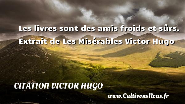 Les livres sont des amis froids et sûrs.  Extrait de Les Misérables Victor Hugo CITATION VICTOR HUGO