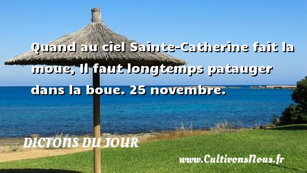 Quand au ciel Sainte-Catherine fait la moue, Il faut longtemps patauger dans la boue.  25 novembre. Un dicton français DICTONS DU JOUR