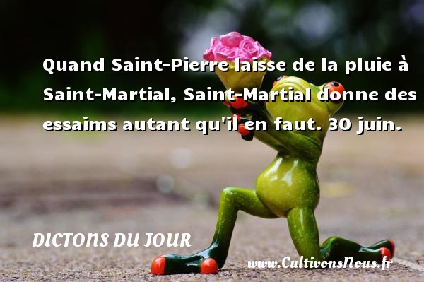 Quand Saint-Pierre laisse de la pluie à Saint-Martial, Saint-Martial donne des essaims autant qu il en faut.  30 juin. Un dicton français DICTONS DU JOUR