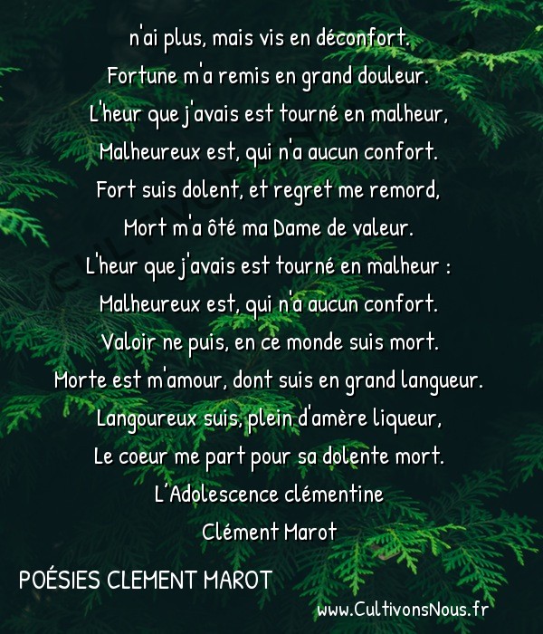  Poésies Clement Marot - L'Adolescence clémentine - Plaisir n’ai plus mais vis en déconfort -  n'ai plus, mais vis en déconfort. Fortune m'a remis en grand douleur.