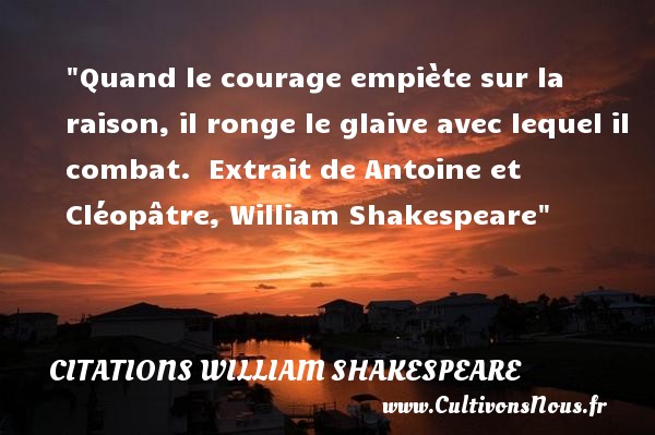 Quand le courage empiète sur la raison, il ronge le glaive avec lequel il combat.  Extrait de Antoine et Cléopâtre, William Shakespeare CITATIONS WILLIAM SHAKESPEARE - Citation courage