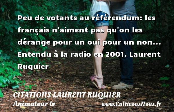 Peu de votants au référendum: les français n aiment pas qu on les dérange pour un oui pour un non... Entendu à la radio en 2001. Laurent Ruquier CITATIONS LAURENT RUQUIER - humoriste - journaliste