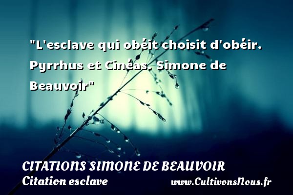 L esclave qui obéit choisit d obéir. Pyrrhus et Cinéas. Simone de Beauvoir CITATIONS SIMONE DE BEAUVOIR - Citation esclave