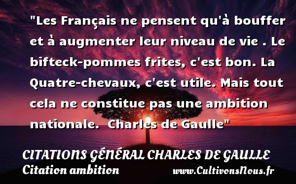 Les Français ne pensent qu à bouffer et à augmenter leur niveau de vie . Le bifteck-pommes frites, c est bon. La Quatre-chevaux, c est utile. Mais tout cela ne constitue pas une ambition nationale.  Charles de Gaulle CITATIONS GÉNÉRAL CHARLES DE GAULLE - Citations Général Charles de Gaulle - Citation ambition
