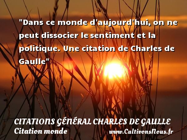 Dans ce monde d aujourd hui, on ne peut dissocier le sentiment et la politique. Une citation de Charles de Gaulle CITATIONS GÉNÉRAL CHARLES DE GAULLE - Citations Général Charles de Gaulle - Citation monde