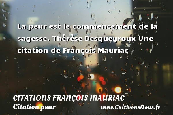 La peur est le commencement de la sagesse. Thérèse Desqueyroux Une citation de François Mauriac CITATIONS FRANÇOIS MAURIAC - Citations François Mauriac - Citation peur