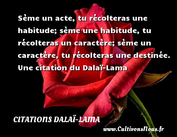 Sème un acte, tu récolteras une habitude; sème une habitude, tu récolteras un caractère; sème un caractère, tu récolteras une destinée.  Une citation du Dalaï-Lama CITATIONS DALAÏ-LAMA - Citations Dalaï-Lama