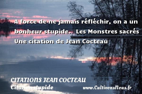 A force de ne jamais réfléchir, on a un bonheur stupide.   Les Monstres sacrés Une citation de Jean Cocteau CITATIONS JEAN COCTEAU - Citation stupide