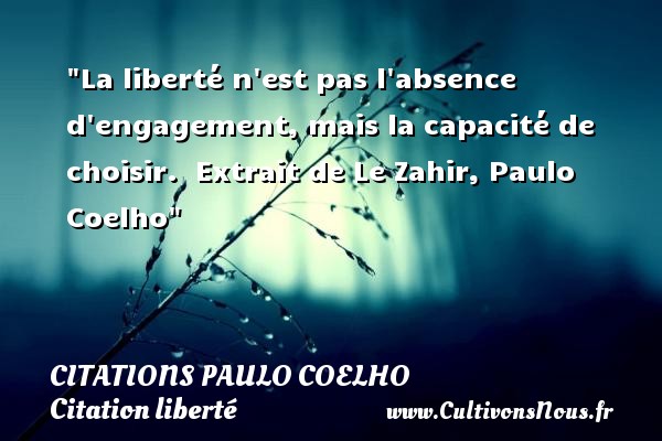 La liberté n est pas l absence d engagement, mais la capacité de choisir.  Extrait de Le Zahir, Paulo Coelho CITATIONS PAULO COELHO - Citation liberté