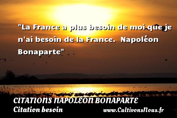 La France a plus besoin de moi que je n ai besoin de la France.  Napoléon Bonaparte CITATIONS NAPOLÉON BONAPARTE - Citations Napoléon Bonaparte - Citation besoin
