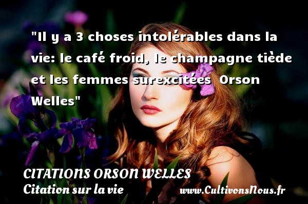 Il y a 3 choses intolérables dans la vie: le café froid, le champagne tiède et les femmes surexcitées  Orson Welles CITATIONS ORSON WELLES - Citation sur la vie