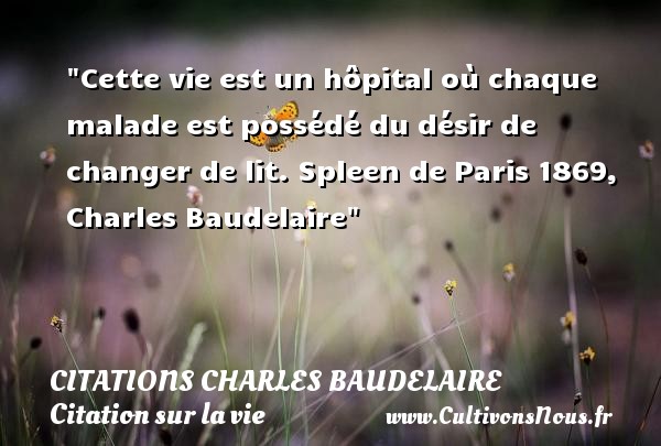 Cette vie est un hôpital où chaque malade est possédé du désir de changer de lit. Spleen de Paris 1869, Charles Baudelaire CITATIONS CHARLES BAUDELAIRE - Citation sur la vie