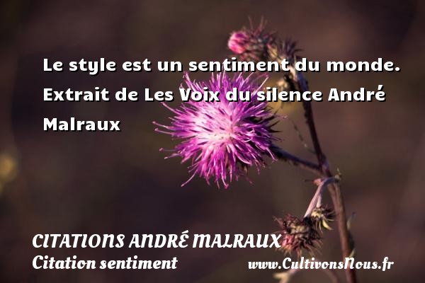 Le style est un sentiment du monde.    Extrait de Les Voix du silence André Malraux CITATIONS ANDRÉ MALRAUX - Citations André Malraux - Citation sentiment