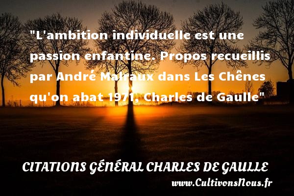 L ambition individuelle est une passion enfantine. Propos recueillis par André Malraux dans Les Chênes qu on abat 1971, Charles de Gaulle CITATIONS GÉNÉRAL CHARLES DE GAULLE - Citations Général Charles de Gaulle - Citation enfant