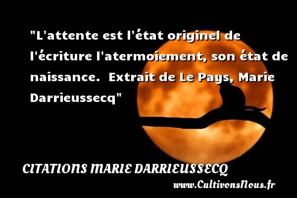 L attente est l état originel de l écriture l atermoiement, son état de naissance.  Extrait de Le Pays, Marie Darrieussecq CITATIONS MARIE DARRIEUSSECQ - citation naissance