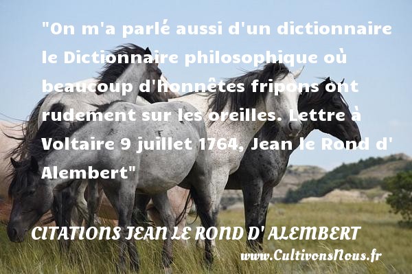 On m a parlé aussi d un dictionnaire le Dictionnaire philosophique où beaucoup d honnêtes fripons ont rudement sur les oreilles. Lettre à Voltaire 9 juillet 1764, Jean le Rond d  Alembert CITATIONS JEAN LE ROND D' ALEMBERT - Citation philosophie