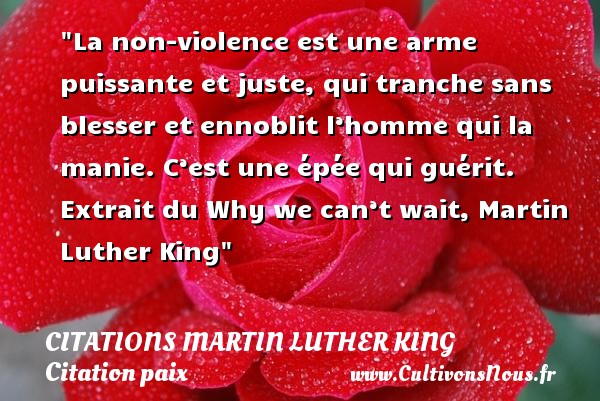 La non-violence est une arme puissante et juste, qui tranche sans blesser et ennoblit l’homme qui la manie. C’est une épée qui guérit.  Extrait du Why we can’t wait, Martin Luther King CITATIONS MARTIN LUTHER KING - Citation paix