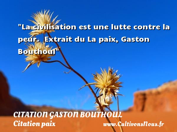 La civilisation est une lutte contre la peur.  Extrait du La paix, Gaston Bouthoul CITATION GASTON BOUTHOUL - Citation paix