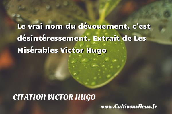 Le vrai nom du dévouement, c est désintéressement. Extrait de Les Misérables Victor Hugo CITATION VICTOR HUGO