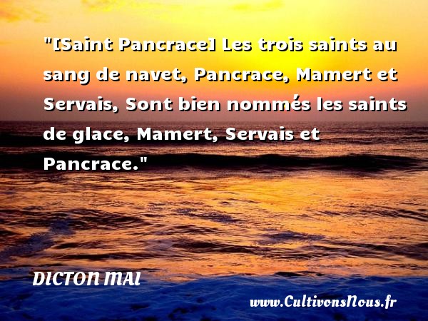[Saint Pancrace] Les trois saints au sang de navet, Pancrace, Mamert et Servais, Sont bien nommés les saints de glace, Mamert, Servais et Pancrace. DICTON MAI