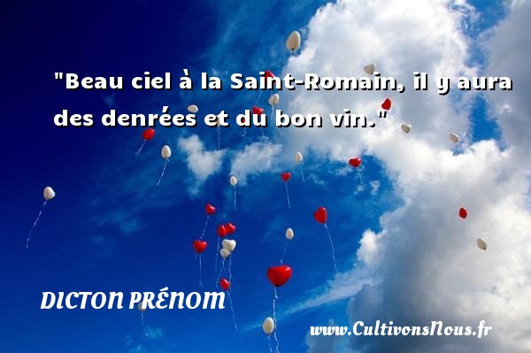 Beau ciel à la Saint-Romain, il y aura des denrées et du bon vin. DICTON PRÉNOM - Dicton prénom