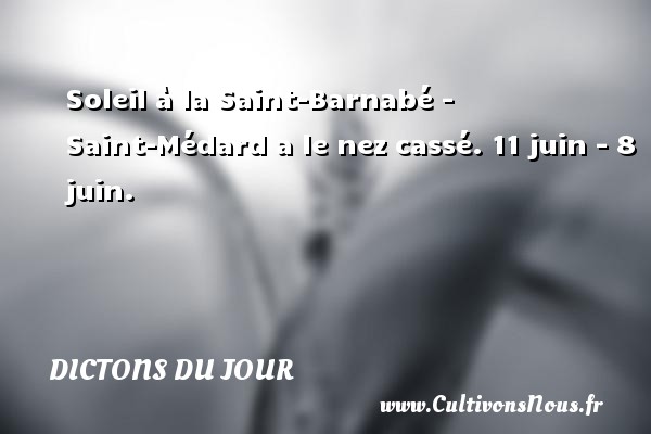 Soleil à la Saint-Barnabé - Saint-Médard a le nez cassé. 11 juin - 8 juin. DICTONS DU JOUR
