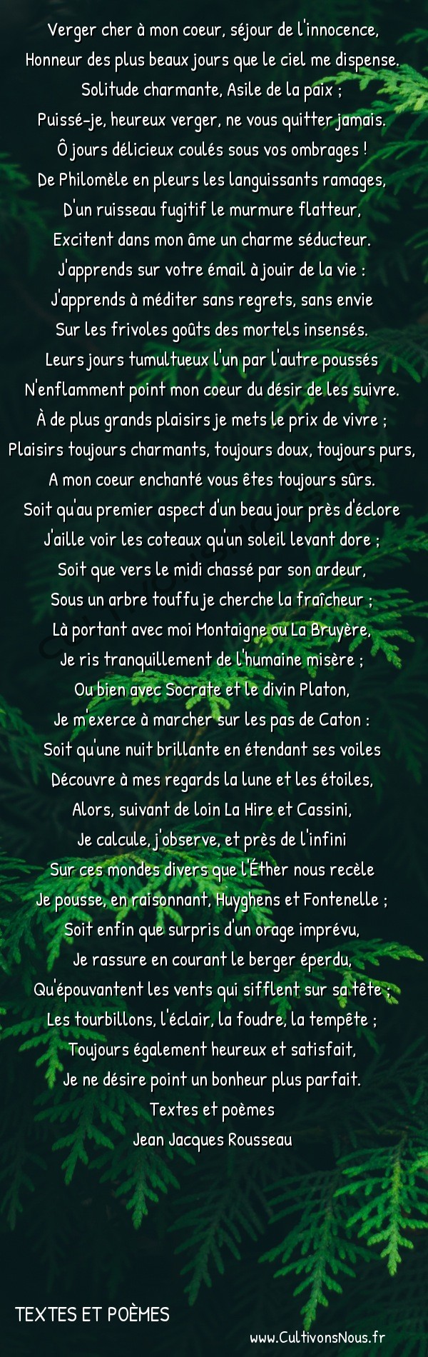  Poésie Jean Jacques Rousseau - textes et poèmes - Le verger de Mme de Warens -  Verger cher à mon coeur, séjour de l'innocence, Honneur des plus beaux jours que le ciel me dispense.