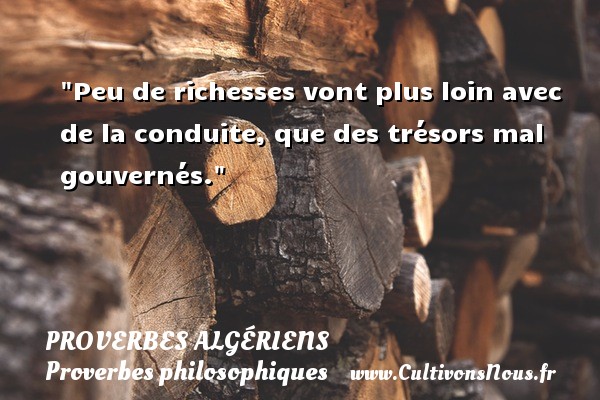 Peu de richesses vont plus loin avec de la conduite, que des trésors mal gouvernés. PROVERBES ALGÉRIENS - Proverbes Algériens - Proverbes philosophiques