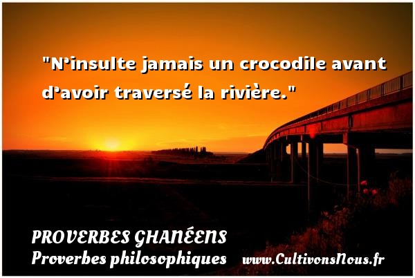 N’insulte jamais un crocodile avant d’avoir traversé la rivière. PROVERBES GHANÉENS - Proverbes ghanéens - Proverbes philosophiques