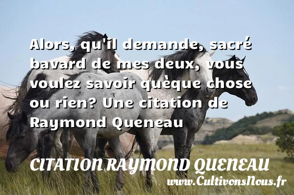 Alors, qu’il demande, sacré bavard de mes deux, vous voulez savoir quèque - Citation Raymond Queneau
