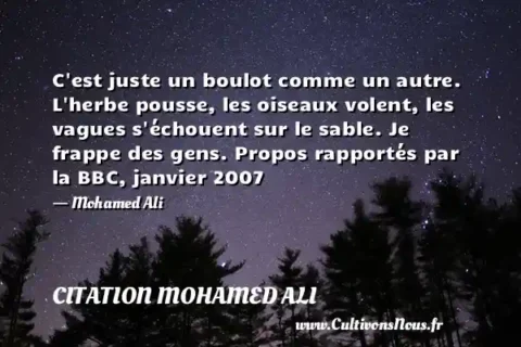 C est juste un boulot comme un autre. L herbe pousse, les oiseaux volent, les vagues s échouent sur le sable. Je frappe des gens. Propos rapportés par la BBC, janvier 2007 - Mohamed Ali CITATION MOHAMED ALI