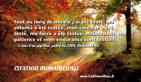 Tout au long de ma vie j ai été testé. Ma volonté a été testée, mon courage a été testé, ma force a été testée. Maintenant, ma patience et mon endurance sont testées. - L âme d un papillon, publié en 2004, Mohamed Ali CITATION MOHAMED ALI