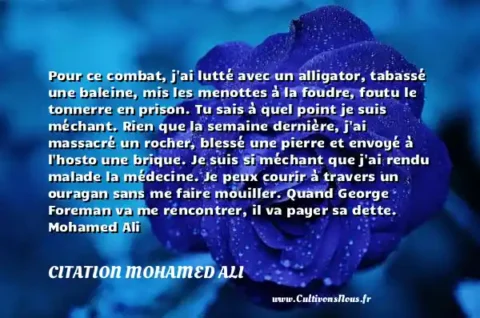 Pour ce combat, j ai lutté avec un alligator, tabassé une baleine, mis les menottes à la foudre, foutu le tonnerre en prison. Tu sais à quel point je suis méchant. Rien que la semaine dernière, j ai massacré un rocher, blessé une pierre et envoyé à l hosto une brique. Je suis si méchant que j ai rendu malade la médecine. Je peux courir à travers un ouragan sans me faire mouiller. Quand George Foreman va me rencontrer, il va payer sa dette. Mohamed Ali - sur le combat CITATION MOHAMED ALI