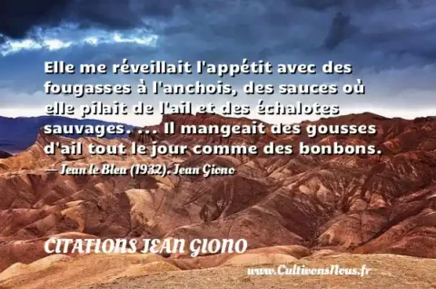 Elle me réveillait l appétit avec des fougasses à l anchois, des sauces où elle pilait de l ail et des échalotes sauvages. ... Il mangeait des gousses d ail tout le jour comme des bonbons. - Jean le Bleu (1932). Jean Giono CITATIONS JEAN GIONO