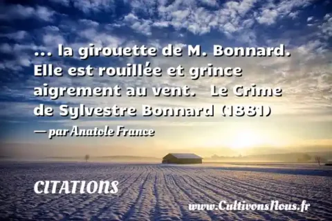 ... la girouette de M. Bonnard. Elle est rouillée et grince aigrement au vent.   Le Crime de Sylvestre Bonnard (1881)   - par Anatole France CITATIONS