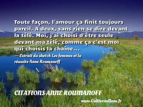 Toute façon, l amour ça finit toujours pareil. A deux, sans rien se dire devant la télé. Moi, j ai choisi d être seule devant ma télé, comme ça c est moi qui choisis la chaîne... - Extrait du sketch Les femmes et la réussite Anne Roumanoff    CITATIONS ANNE ROUMANOFF
