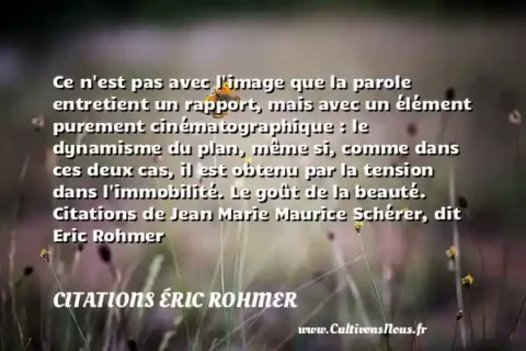 Ce n est pas avec l image que la parole entretient un rapport, mais avec un élément purement cinématographique : le dynamisme du plan, même si, comme dans ces deux cas, il est obtenu par la tension dans l immobilité. Le goût de la beauté. Citations de Jean Marie Maurice Schérer, dit Eric Rohmer   CITATIONS ÉRIC ROHMER