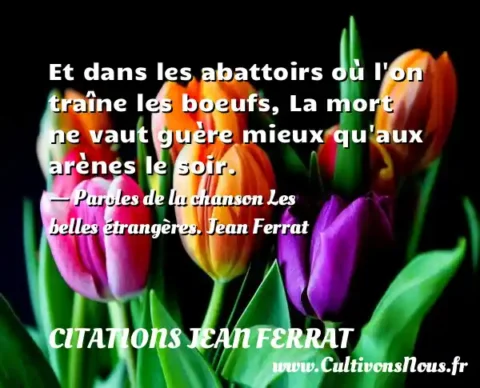 Et dans les abattoirs où l on traîne les boeufs, La mort ne vaut guère mieux qu aux arènes le soir. - Paroles de la chanson Les belles étrangères. Jean Ferrat CITATIONS JEAN FERRAT