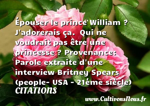 Épouser le prince William ?  J’adorerais ça.  Qui ne voudrait pas être  une princesse ? - Citations - Citations Britney Spears