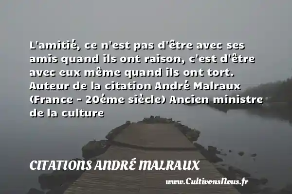 L amitié, ce n est pas d être avec ses amis quand ils ont raison, c est d être avec eux même quand ils ont tort.     Auteur de la citation André Malraux (France - 20éme siècle) Ancien ministre de la culture   CITATIONS ANDRÉ MALRAUX