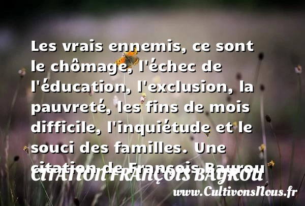 Les vrais ennemis, ce sont le chômage, l’échec de l’éducation, l’exclusion, la - Citation François Bayrou