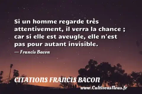 Si un homme regarde très attentivement, il verra la chance ; car si elle est aveugle, elle n est pas pour autant invisible. - Francis Bacon CITATIONS FRANCIS BACON