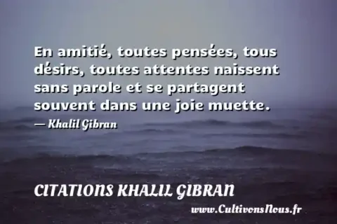 En amitié, toutes pensées, tous désirs, toutes attentes naissent sans parole et se partagent souvent dans une joie muette. - Khalil Gibran CITATIONS KHALIL GIBRAN