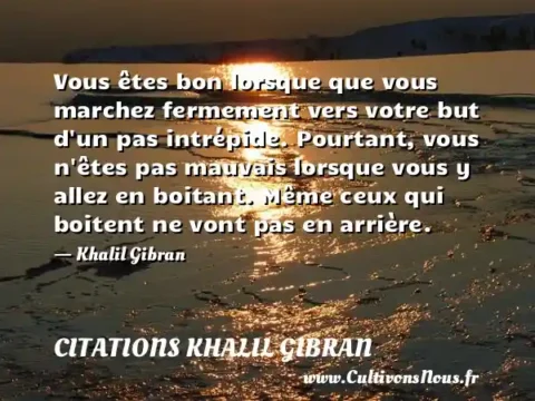 Vous êtes bon lorsque que vous marchez fermement vers votre but d un pas intrépide. Pourtant, vous n êtes pas mauvais lorsque vous y allez en boitant. Même ceux qui boitent ne vont pas en arrière. - Khalil Gibran CITATIONS KHALIL GIBRAN