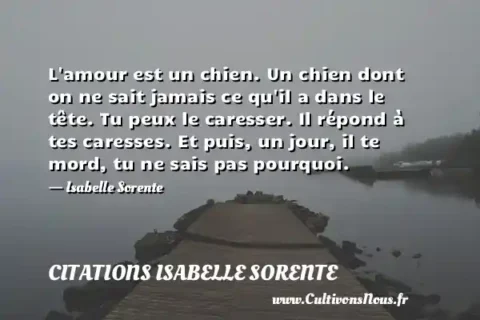 L amour est un chien. Un chien dont on ne sait jamais ce qu il a dans le tête. Tu peux le caresser. Il répond à tes caresses. Et puis, un jour, il te mord, tu ne sais pas pourquoi. - Isabelle Sorente CITATIONS ISABELLE SORENTE