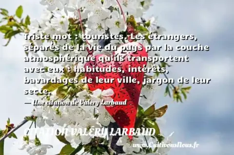 Triste mot : touristes. Les étrangers, séparés de la vie du pays par la couche atmosphérique qu ils transportent avec eux : habitudes, intérêts, bavardages de leur ville, jargon de leur secte. - Une citation de Valery Larbaud CITATION VALÉRY LARBAUD