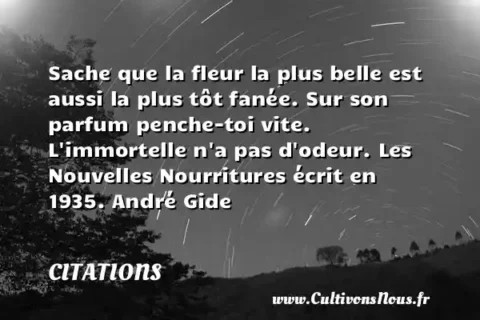 Sache que la fleur la plus belle est aussi la plus tôt fanée. Sur son parfum penche-toi vite. L immortelle n a pas d odeur. Les Nouvelles Nourritures écrit en 1935. André Gide CITATIONS