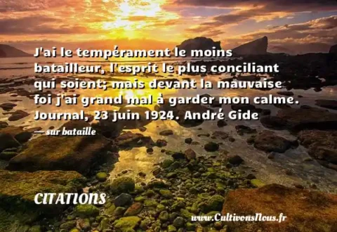 J ai le tempérament le moins batailleur, l esprit le plus conciliant qui soient; mais devant la mauvaise foi j ai grand mal à garder mon calme. Journal, 23 juin 1924. André Gide - sur bataille CITATIONS