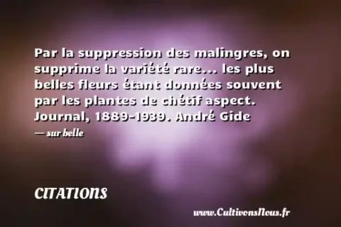 Par la suppression des malingres, on supprime la variété rare... les plus belles fleurs étant données souvent par les plantes de chétif aspect. Journal, 1889-1939. André Gide - sur belle CITATIONS